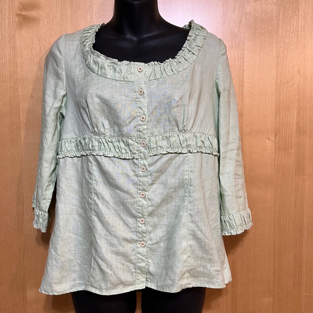 Pale Lime Green Linen Carole Little 3/4 sleeve Size L Top